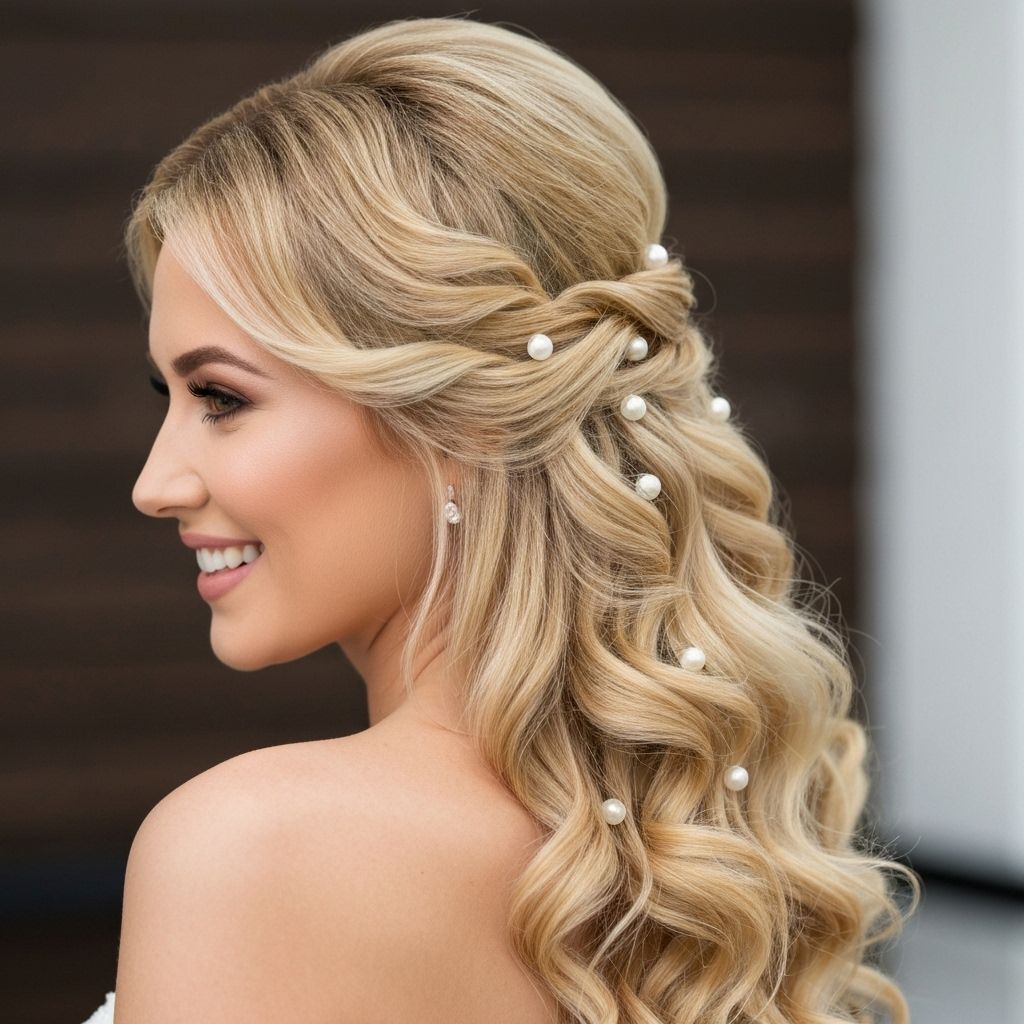 Beautiful wedding hairstyle being created by professional stylist